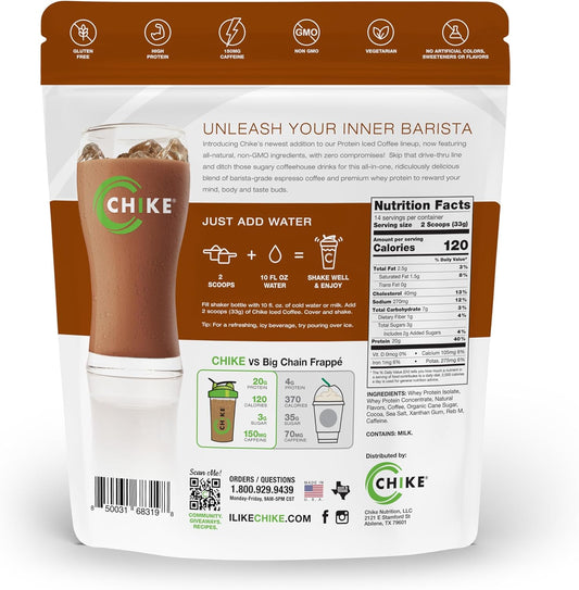 CHIKE Natural Caffe Mocha High Protein Iced Coffee, 20 G Protein, 2 Shots Espresso, Non-GMO, Keto Friendly and Gluten Free, 14 Servings (16.3 Ounce)