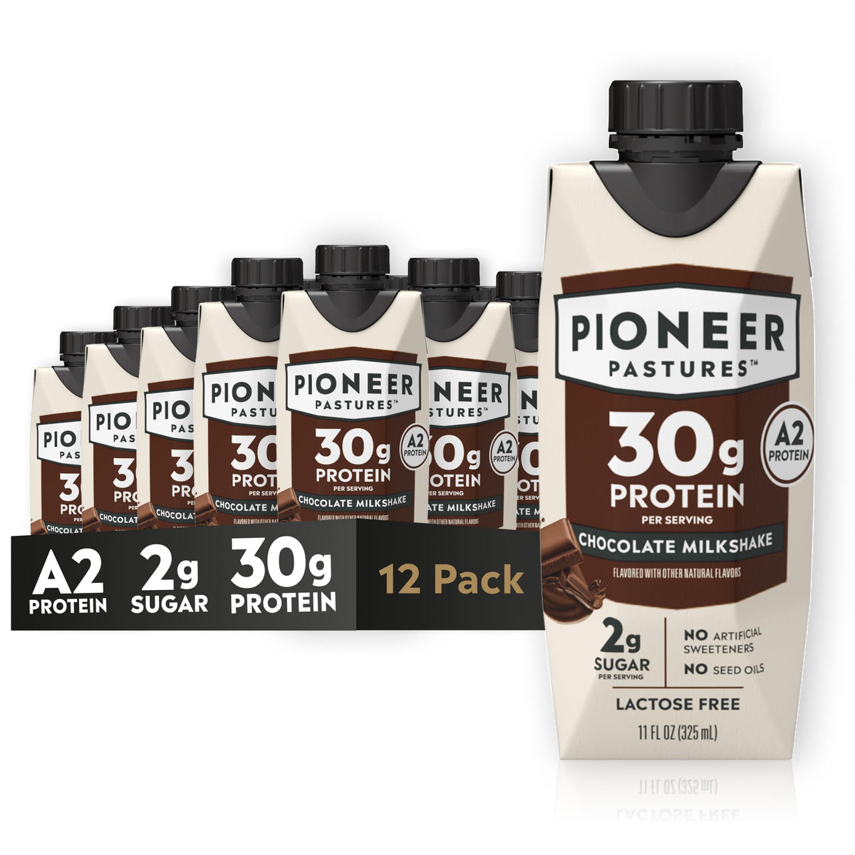 Pioneer Pastures Protein A2 Milkshakes, Strawberries & Cream, 11oz, 12 Pack | A2 Protein Shake, 30g Protein, Ultra-Filtered, Lactose Free, 2g Sugar, No Seed Oils, No Artificial Sweeteners