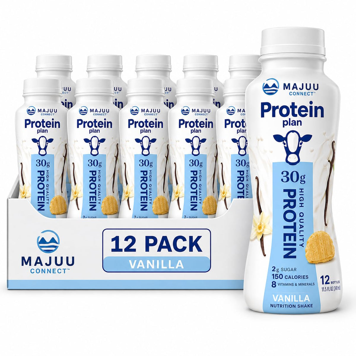 High Protein (Vanilla) Nutrition Shake - 30g Protein Per Botle |12 Pack (11.5 Fl Oz) Only 2g Sugar &150 Calories| Enriched With 8 Naturally Occouring Vitamins &Minerals | Ready-to-Drink BY MAJUU CONNECT