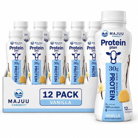 High Protein (Vanilla) Nutrition Shake - 30g Protein Per Botle |12 Pack (11.5 Fl Oz) Only 2g Sugar &150 Calories| Enriched With 8 Naturally Occouring Vitamins &Minerals | Ready-to-Drink BY MAJUU CONNECT