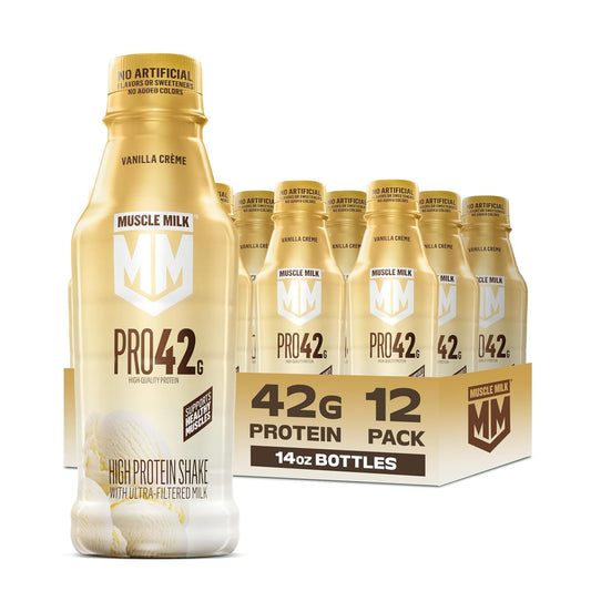 Muscle Milk Pro High Protein Shake, Vanilla Creme, 14 oz Bottles, (12 Pack) | Ultra-Filtered Milk, 42g Protein, 4g Sugar, 250 Calories, No Artificial Flavors, No Artificial Sweeteners, No Added Colors