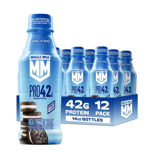 Muscle Milk Pro High Protein Shake, Cookies n Creme, 14 oz Bottles, (12 Pk) | Ultra-Filtered Milk, 42g Protein, 4g Sugar, 250 Calories, No Artificial Flavors, No Artificial Sweeteners, No Added Colors