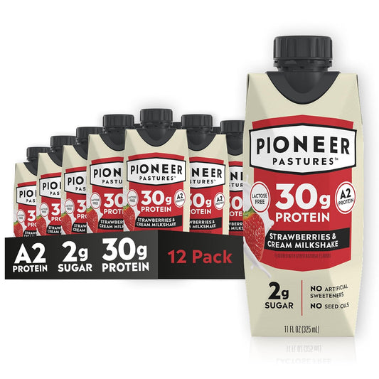Pioneer Pastures Protein A2 Milkshakes, Strawberries & Cream, 11oz, 12 Pack | A2 Protein Shake, 30g Protein, Ultra-Filtered, Lactose Free, 2g Sugar, No Seed Oils, No Artificial Sweeteners